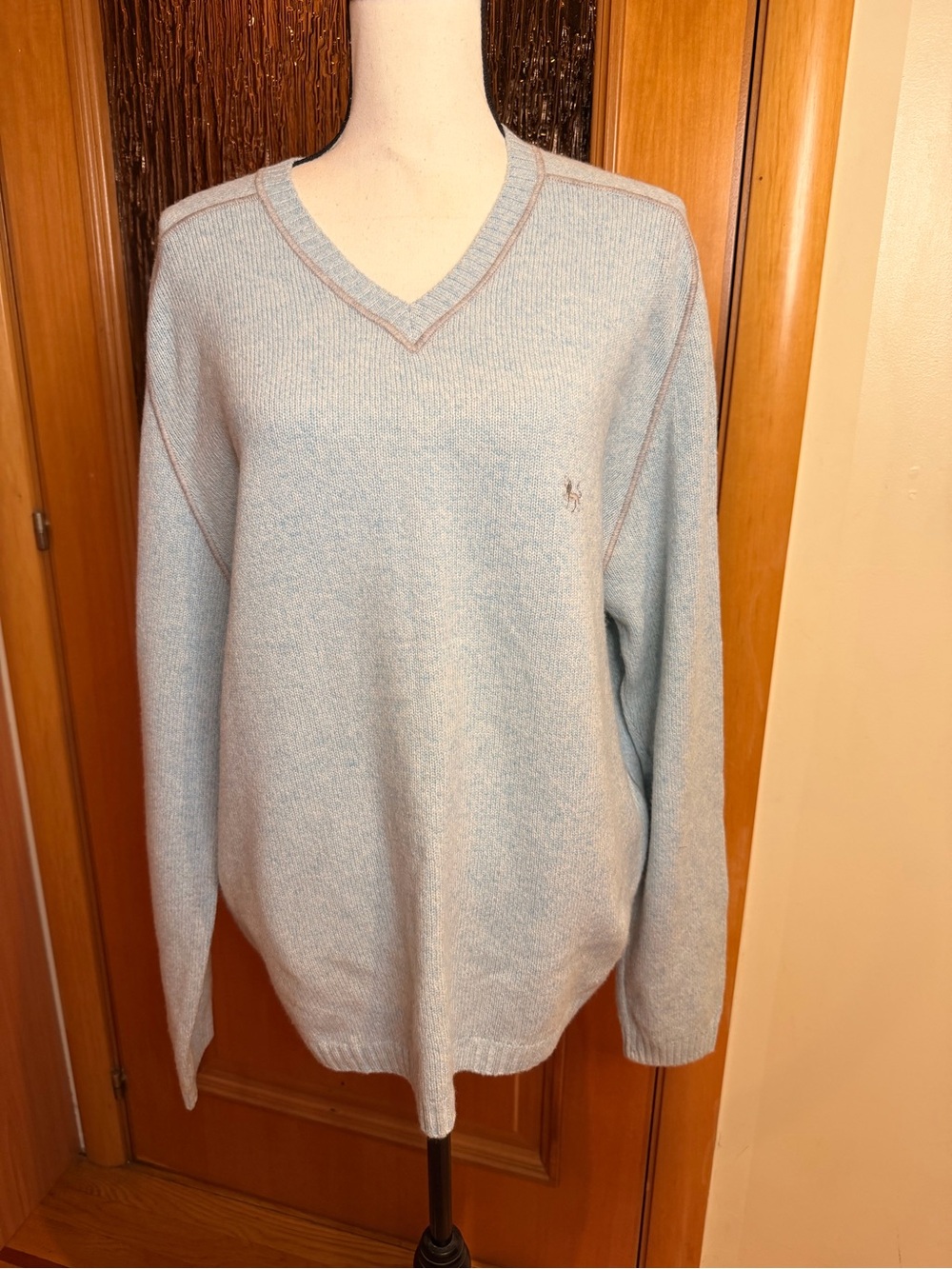 Les Copains  wool men’s Light Blue V‑Neck Sweater with Contrast Trim